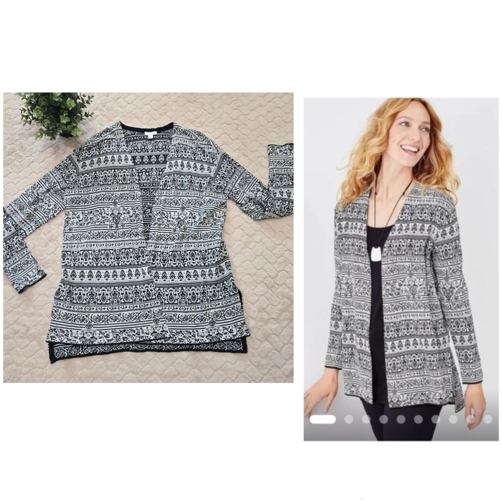 J. Jill Black and White Jacquard Open-Front Cardigan, Size Small